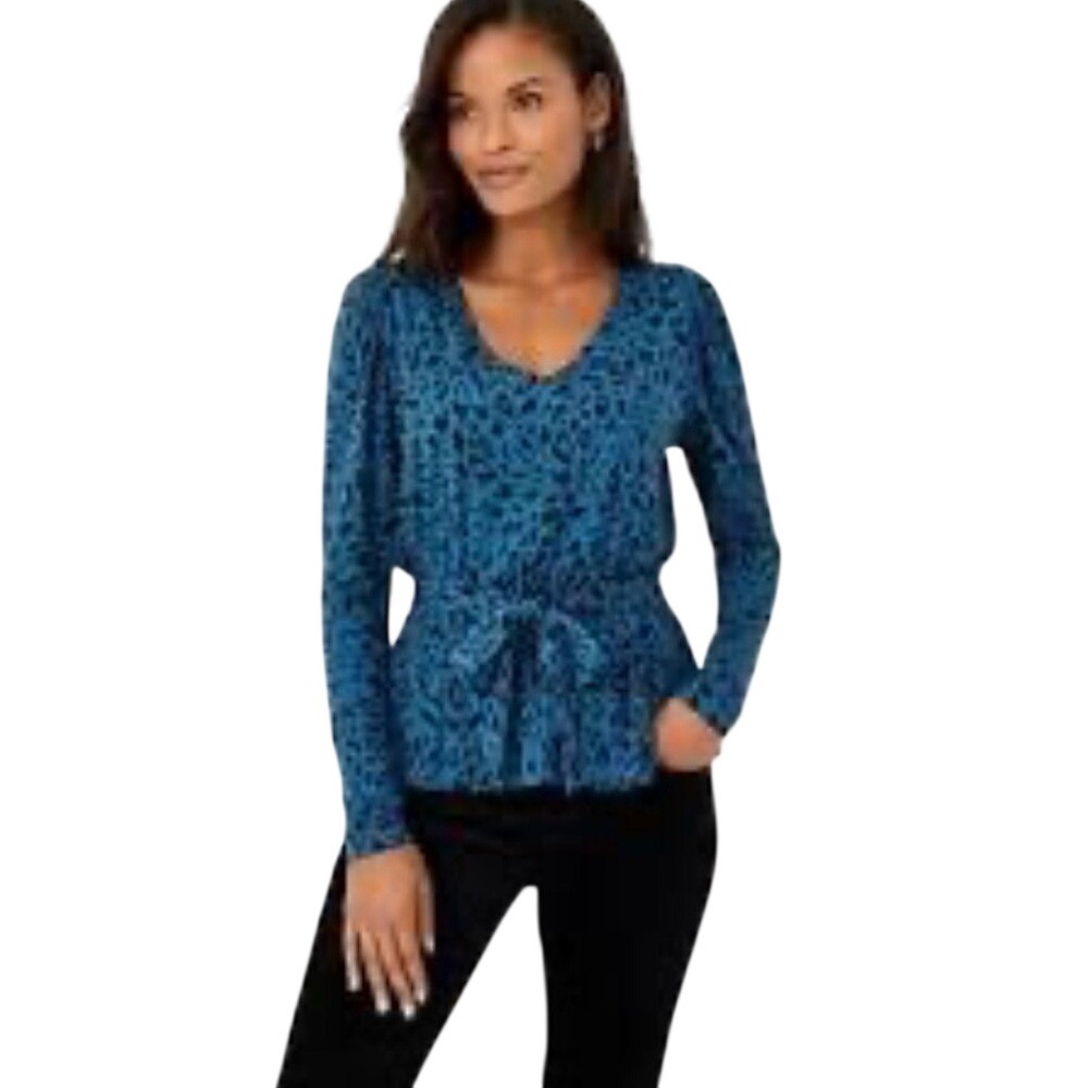 Ann Taylor Top Womens L Peplum Teal Blue Animal Print Long Sleeve EUC